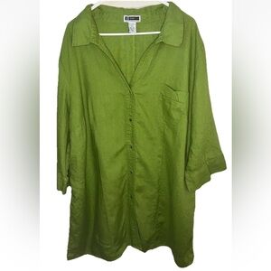 JL Studio Women's Tunic Top Jessica London V Neck Green 100% Linen Size 28W EUC